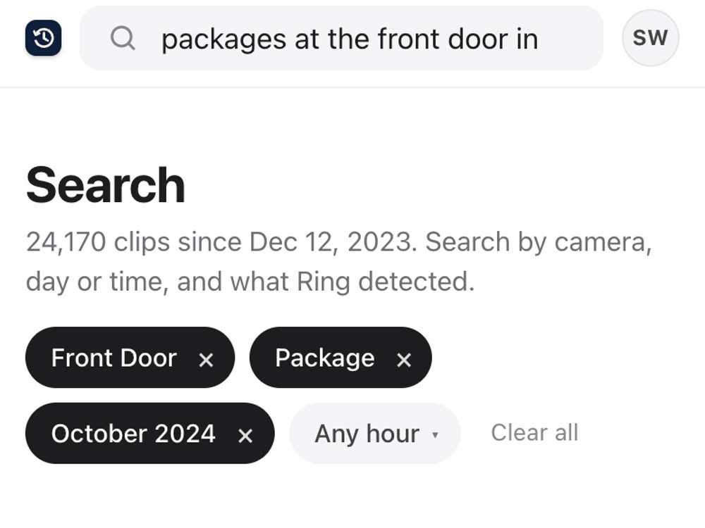 A search turned into Front Door, Package and October 2024 filters