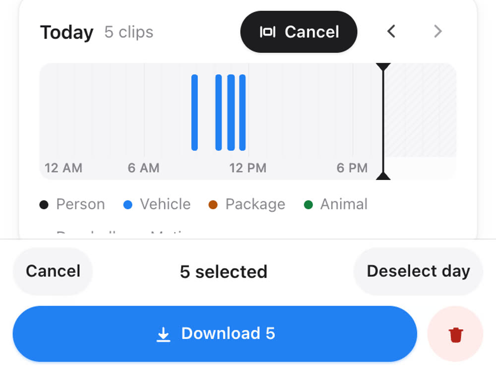 Five clips selected with a Download 5 button