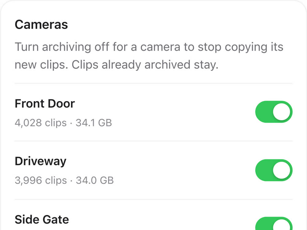 Settings with an archiving switch per camera