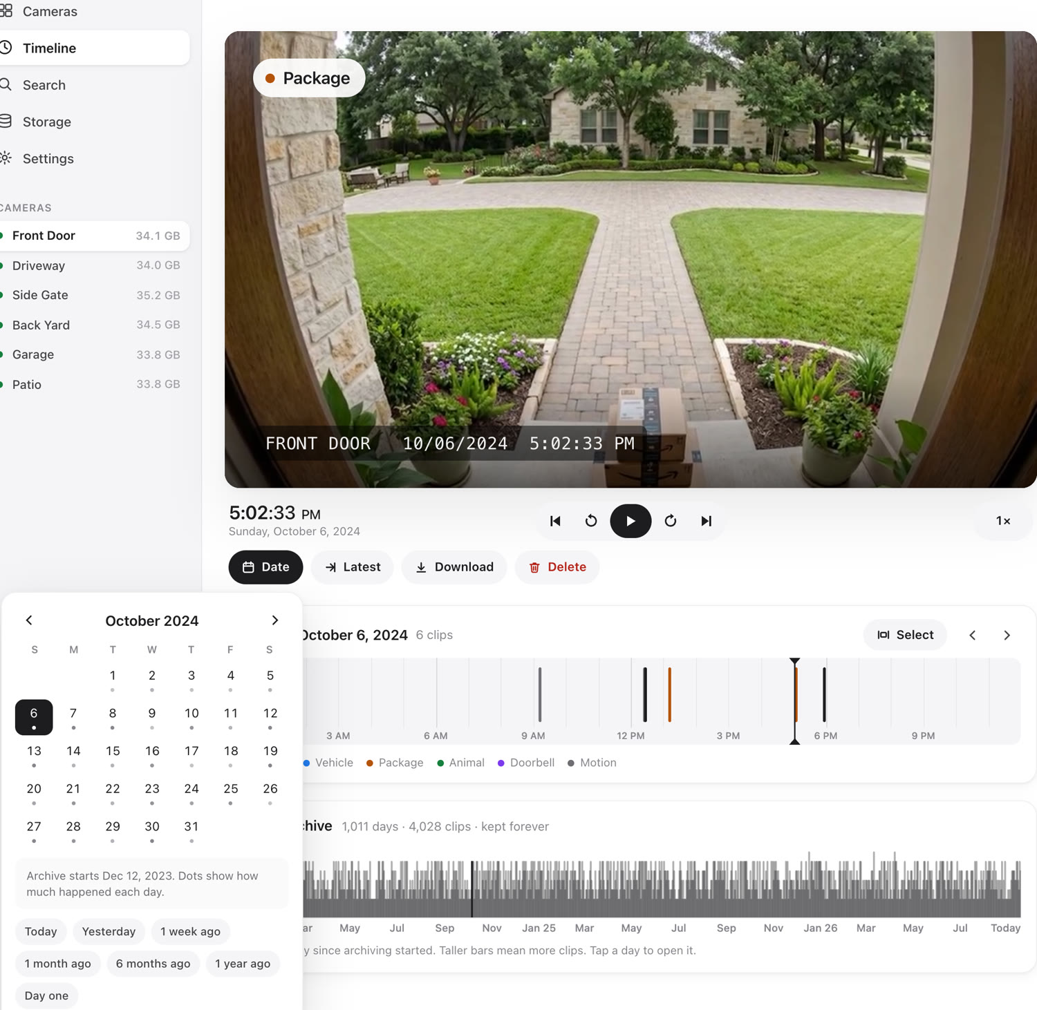 Footage Forever playing a front door clip from October 2024, the date picker open on that month with shortcuts for 1 year ago and Day one, and the entire archive of 1,011 days below