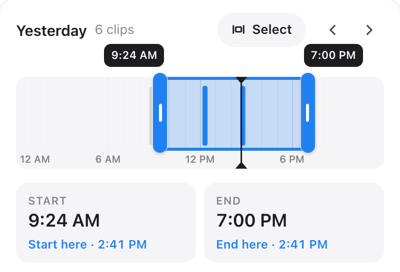 On a phone, two blue handles mark a span of the day's timeline to download