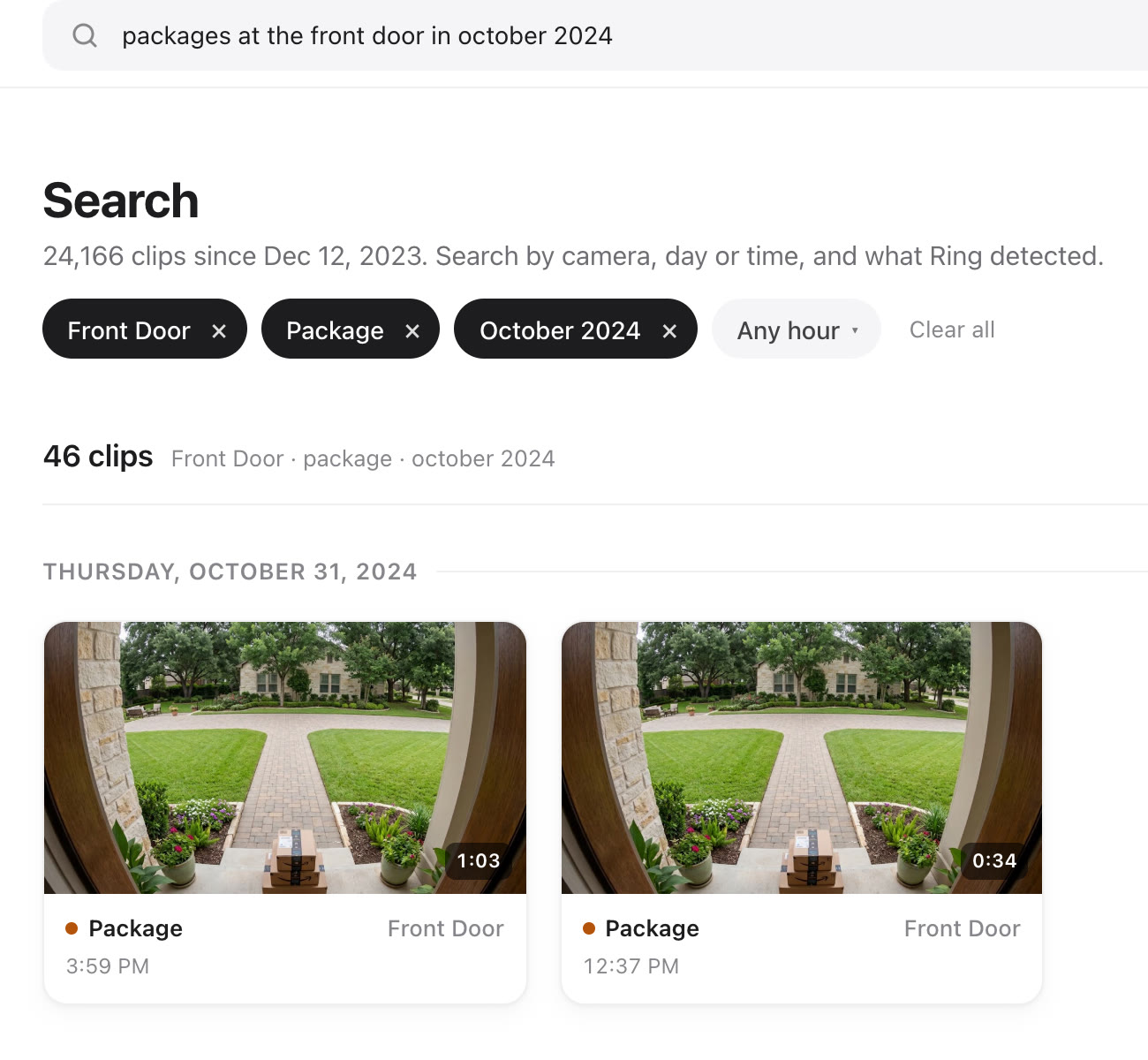 A search for packages at the front door in October 2024, turned into Front Door, Package and October 2024 filters, with results from that month